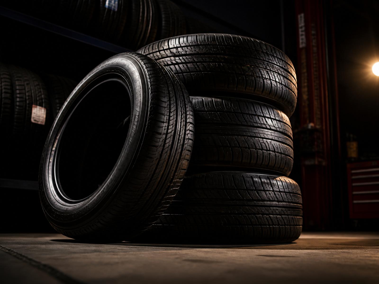 Stack of new tires at Miami Wholesale Tires in Lafayette, Louisiana